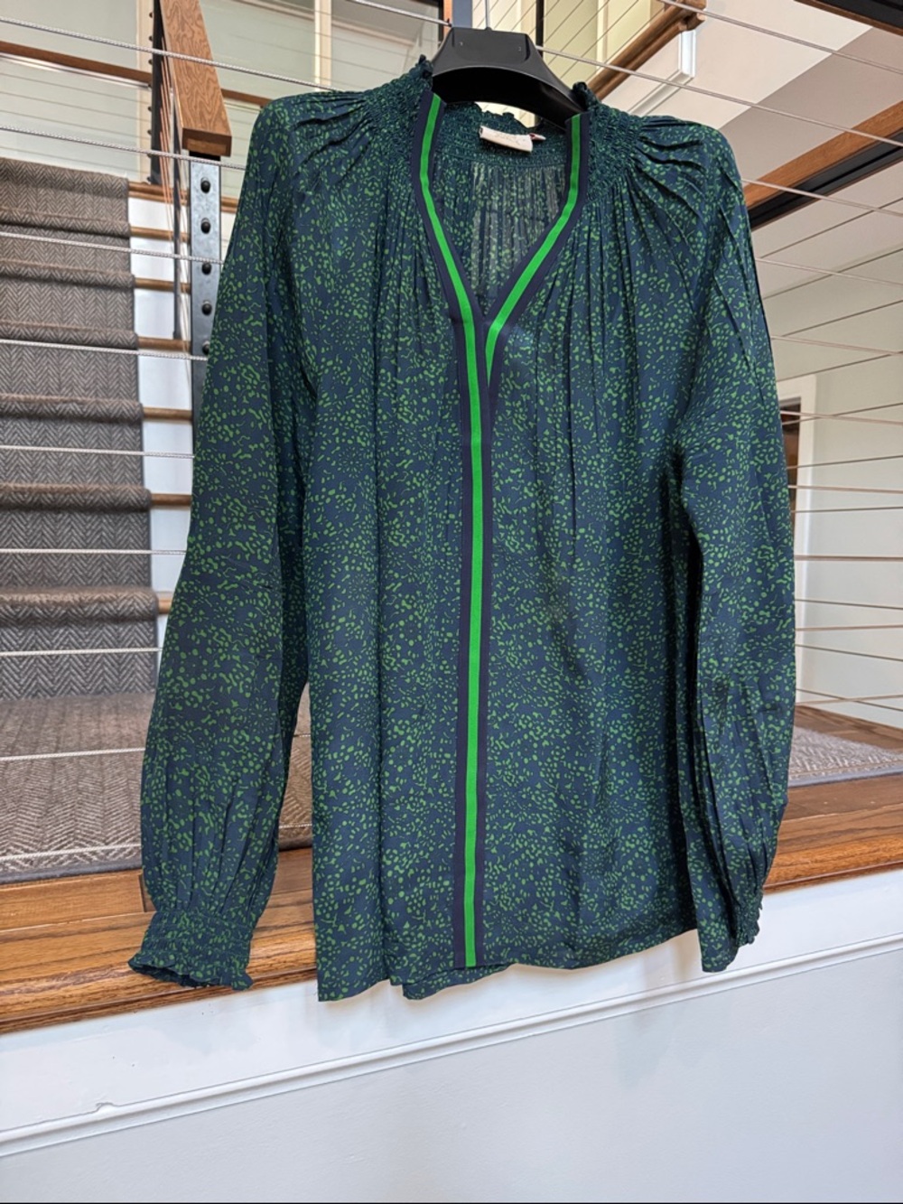 Womens Dark Green Printed Long-Sleeve Blouse with Contrast Trim